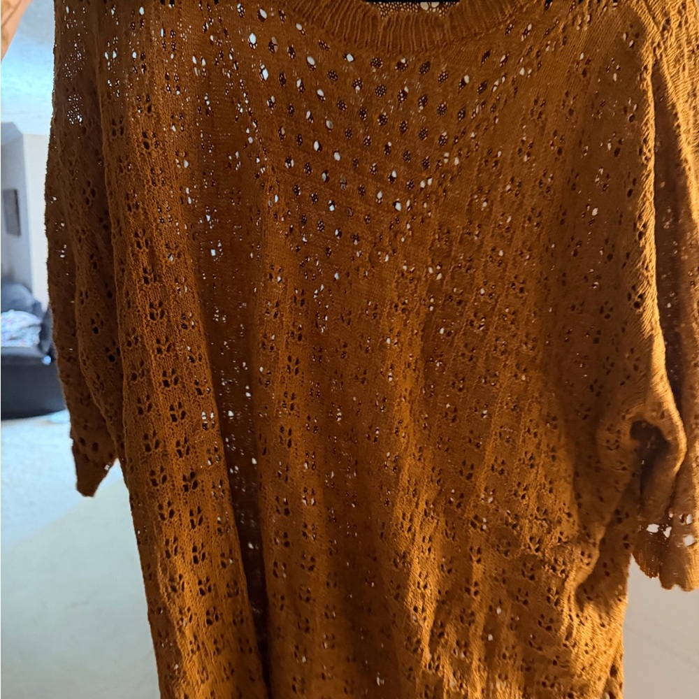 Lightweight Eyelet Knit Women's Sweater - Mustard